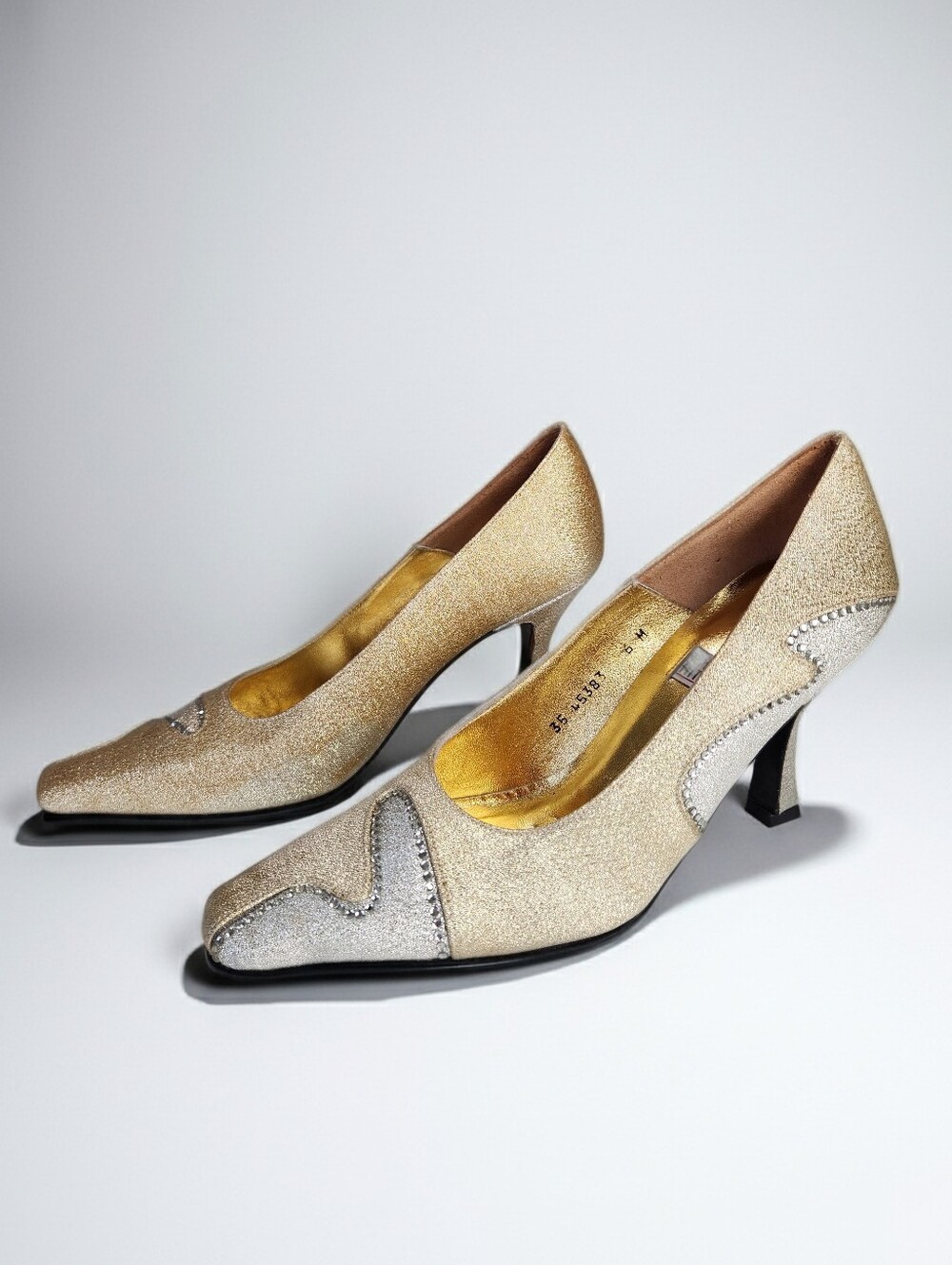 Timothy Hitsman Vintage Gold, Silver and Rhinestone Leather Pumps Size 6M
